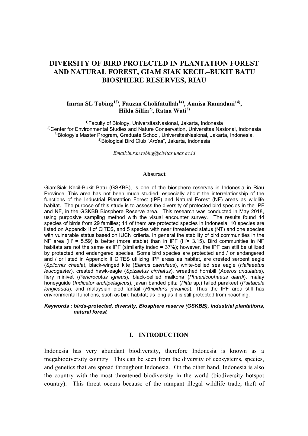 Diversity of Bird Protected in Plantation Forest and Natural Forest, Giam Siak Kecil–Bukit Batu Biosphere Reserves, Riau