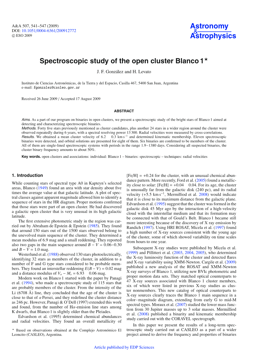 Spectroscopic Study of the Open Cluster Blanco 1