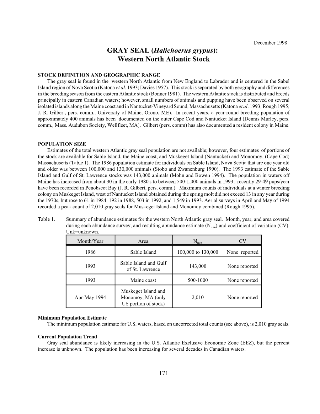 GRAY SEAL (Halichoerus Grypus): Western North Atlantic Stock 1998
