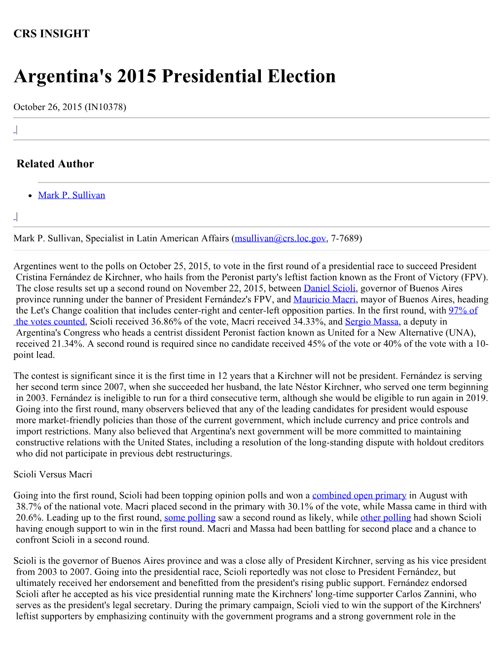 Argentina's 2015 Presidential Election