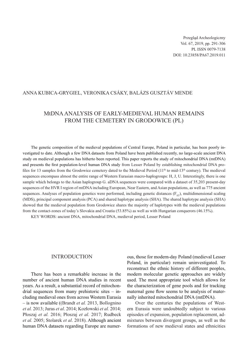 Mtdna Analysis of Early-Medieval Human Remains from the Cemetery in Grodowice (Pl)