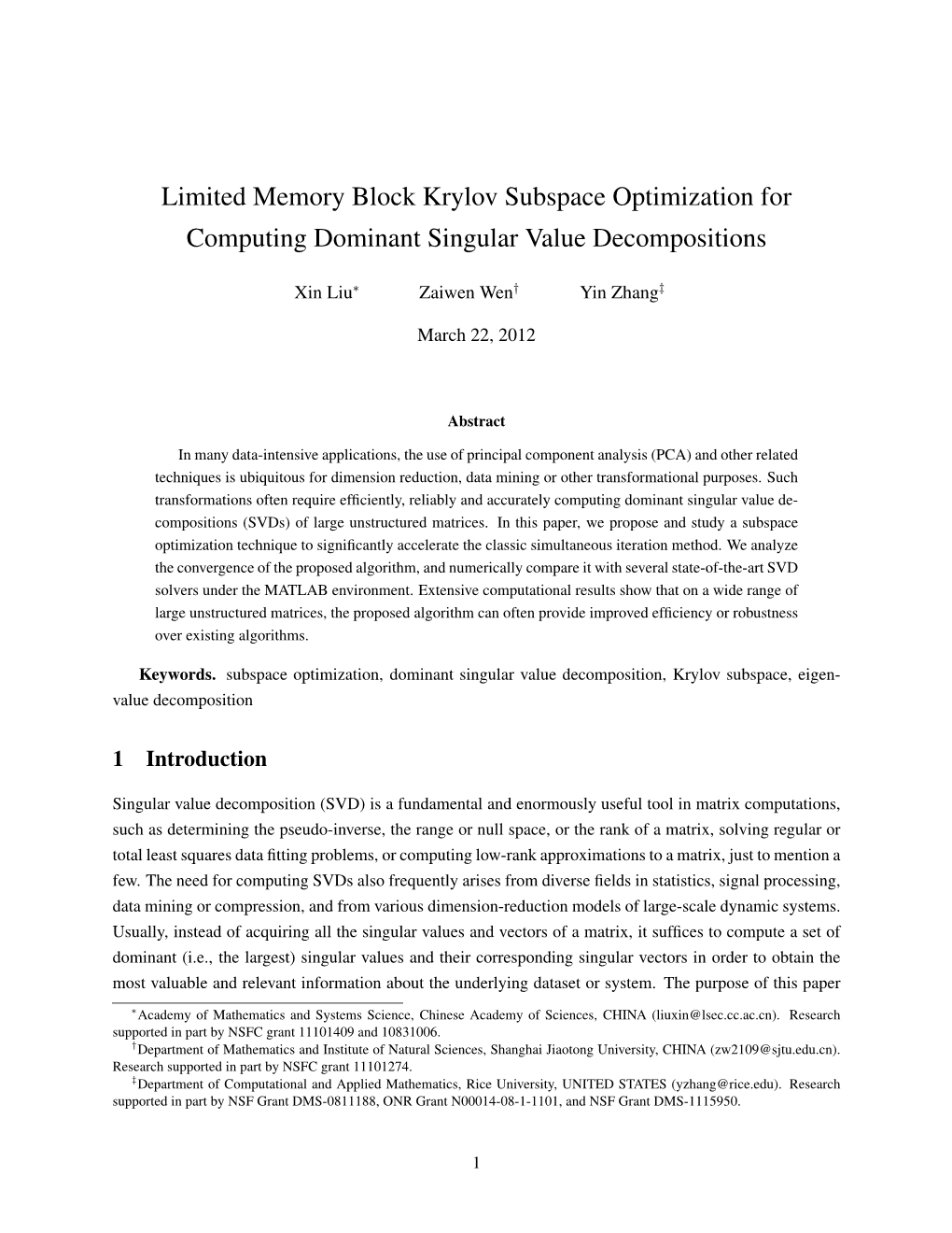 Limited Memory Block Krylov Subspace Optimization for Computing Dominant Singular Value Decompositions
