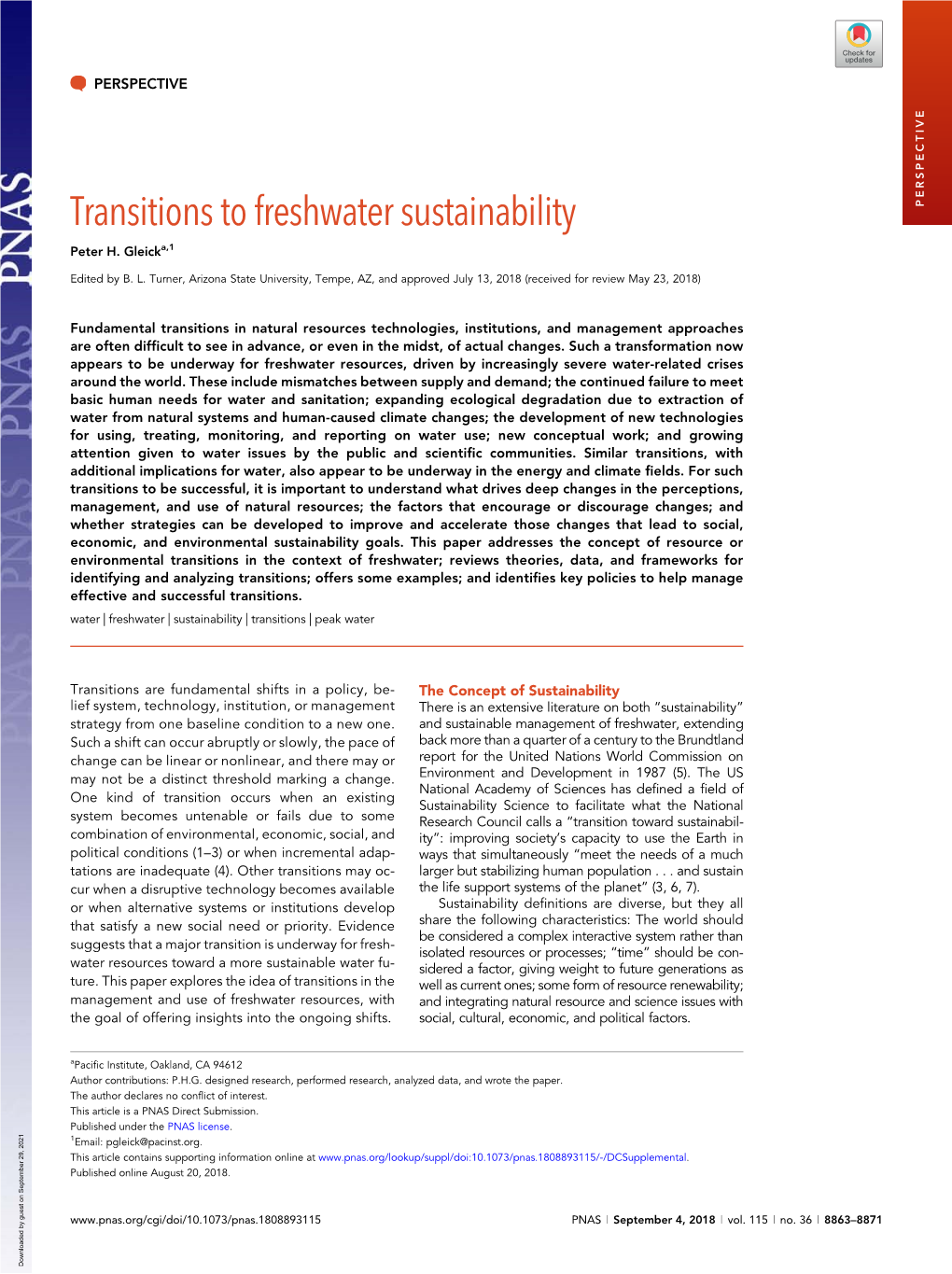 Transitions to Freshwater Sustainability PERSPECTIVE