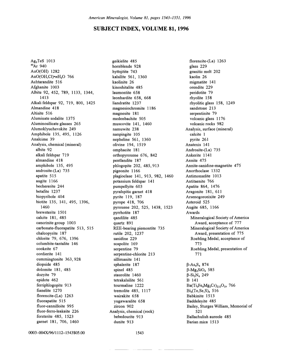 Subject Index, Volume 81, 1996