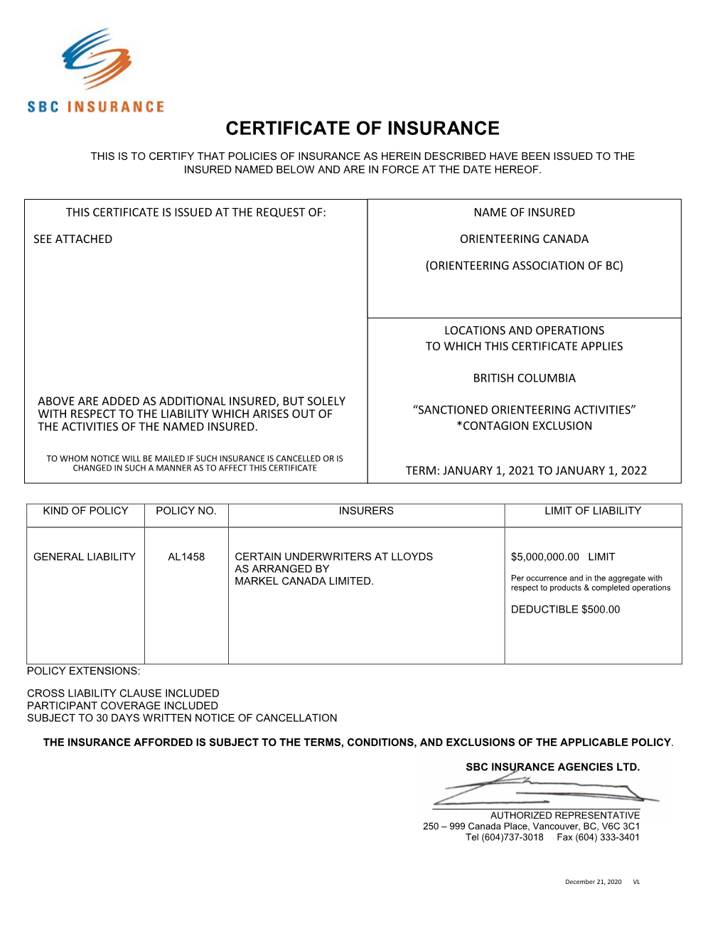 Insurance Certificate