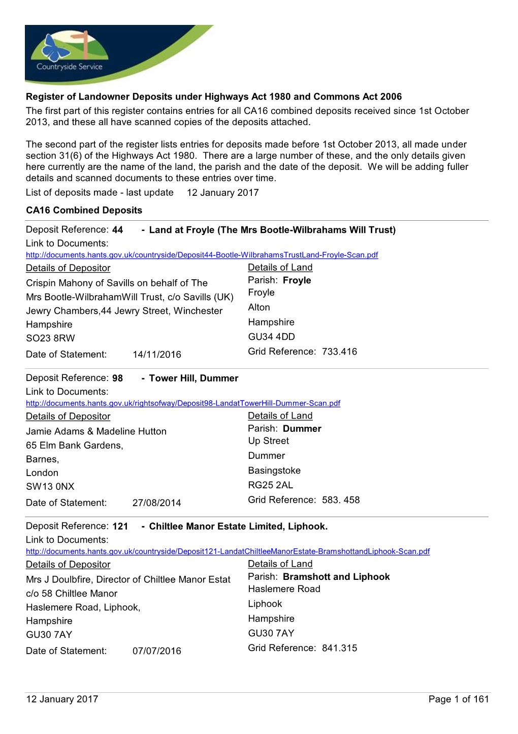 Landowner Deposits Register