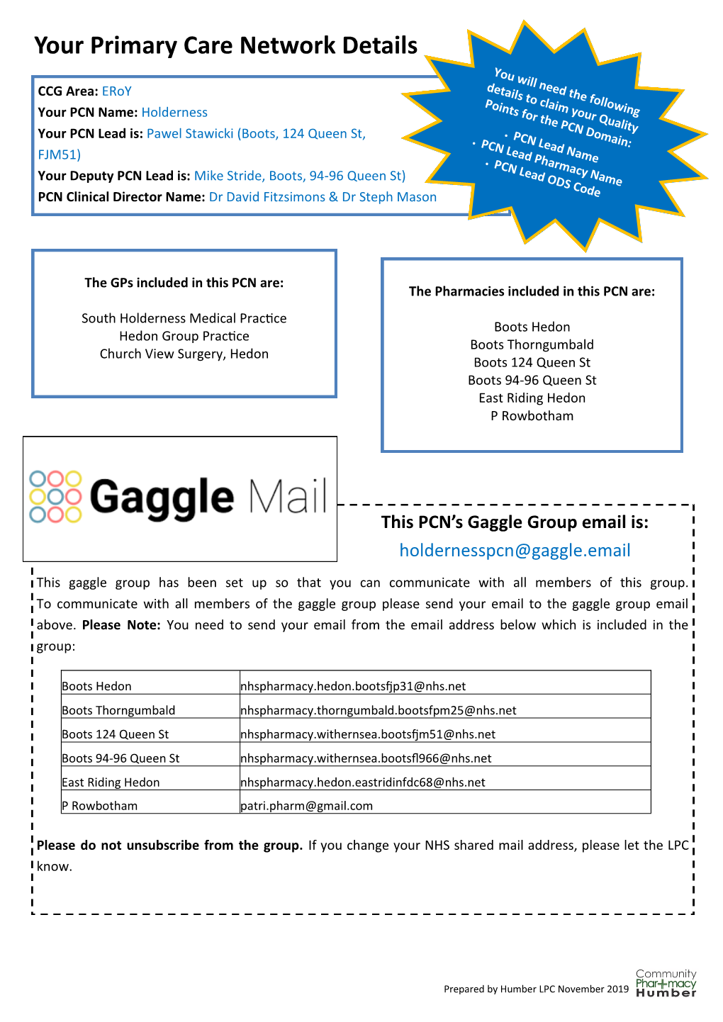 Your Primary Care Network Details You Will Need the Following CCG Area: Eroy Details to Claim Your Quality Points for the PCN Domain: Your PCN Name: Holderness