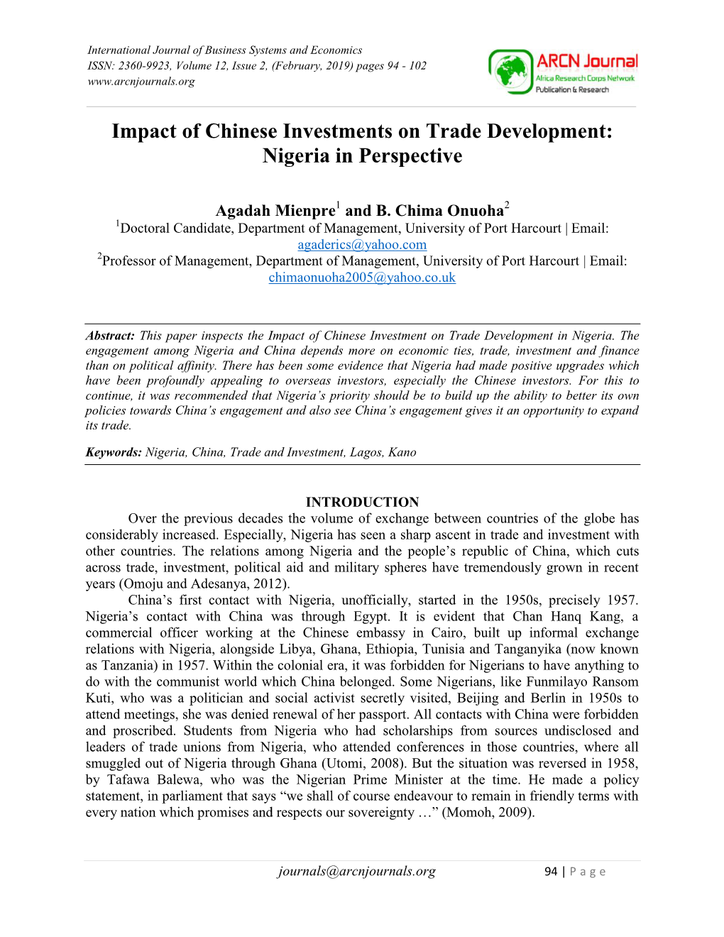 Impact of Chinese Investments on Trade Development: Nigeria in Perspective