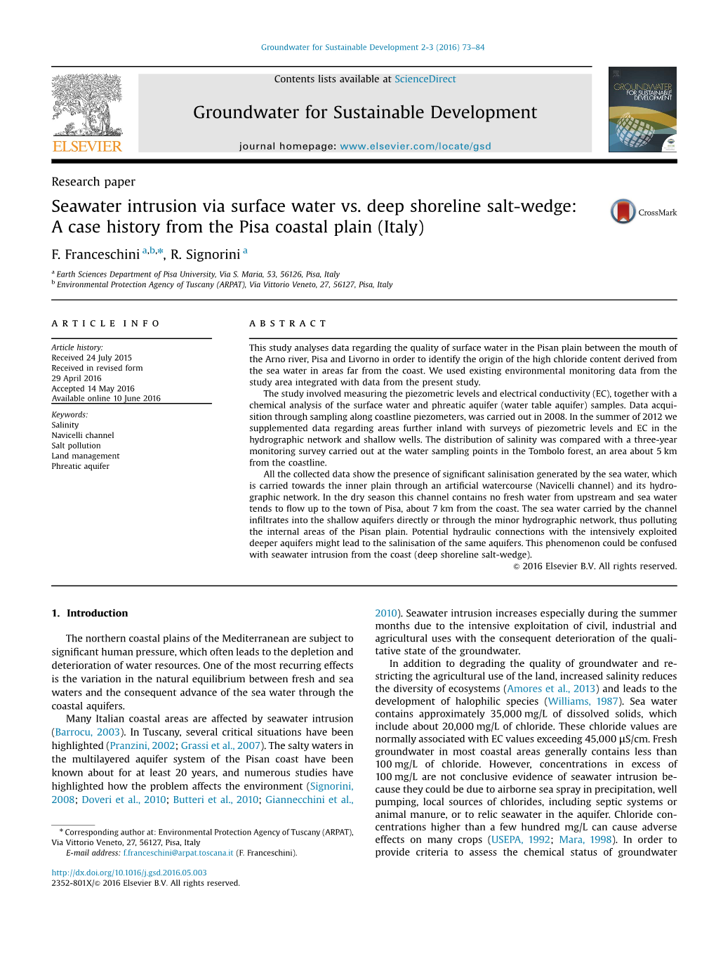 Seawater Intrusion Via Surface Water Vs. Deep Shoreline Salt-Wedge: a Case History from the Pisa Coastal Plain (Italy)