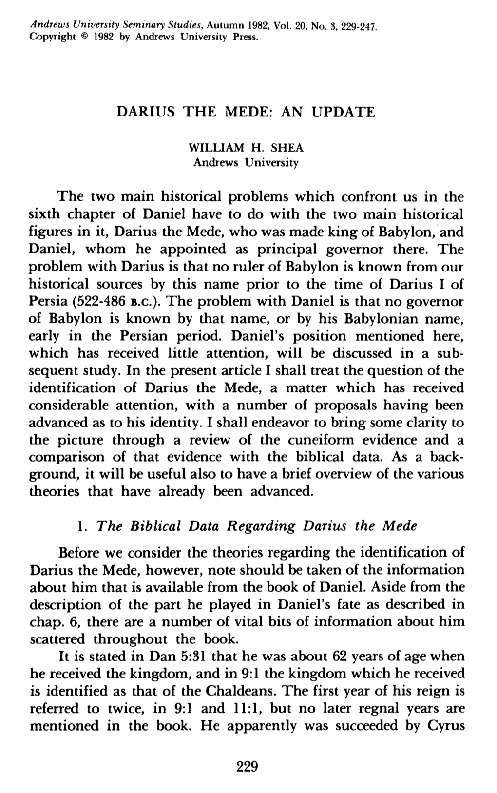 1. the Biblical Data Regarding Darius the Mede