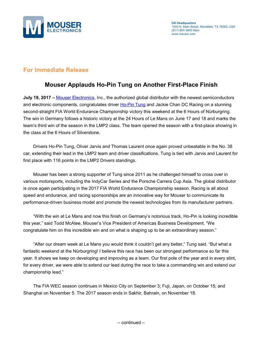 Mouser Applauds Ho-Pin Tung on Another First-Place Finish