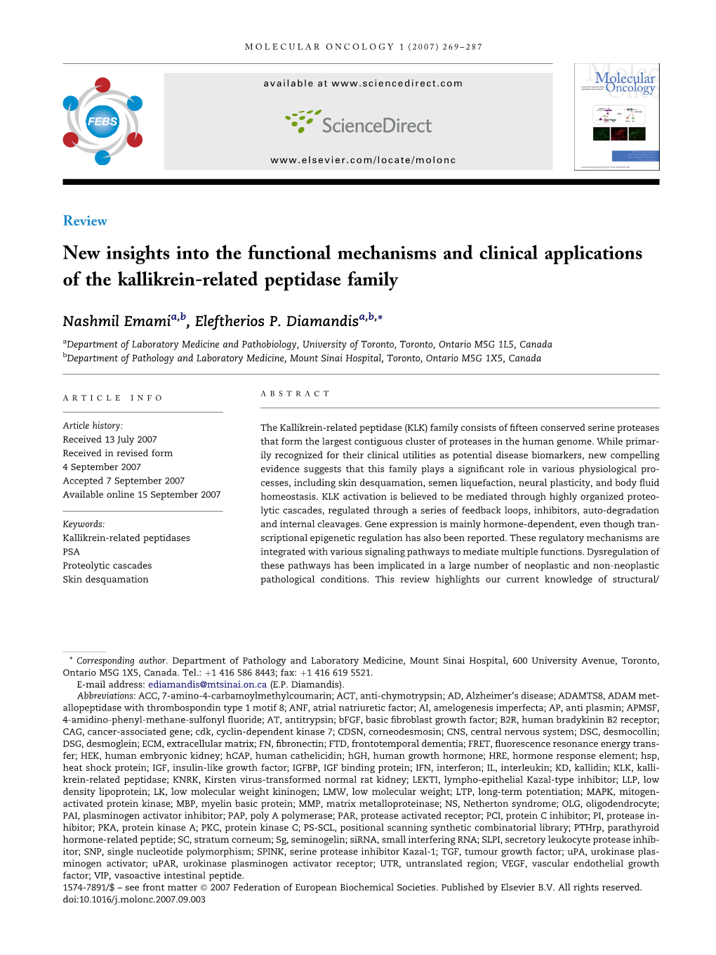 New Insights Into the Functional Mechanisms and Clinical Applications of the Kallikrein-Related Peptidase Family