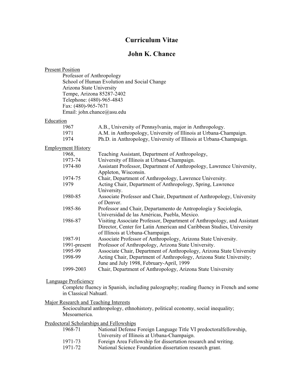 Curriculum Vitae John K. Chance