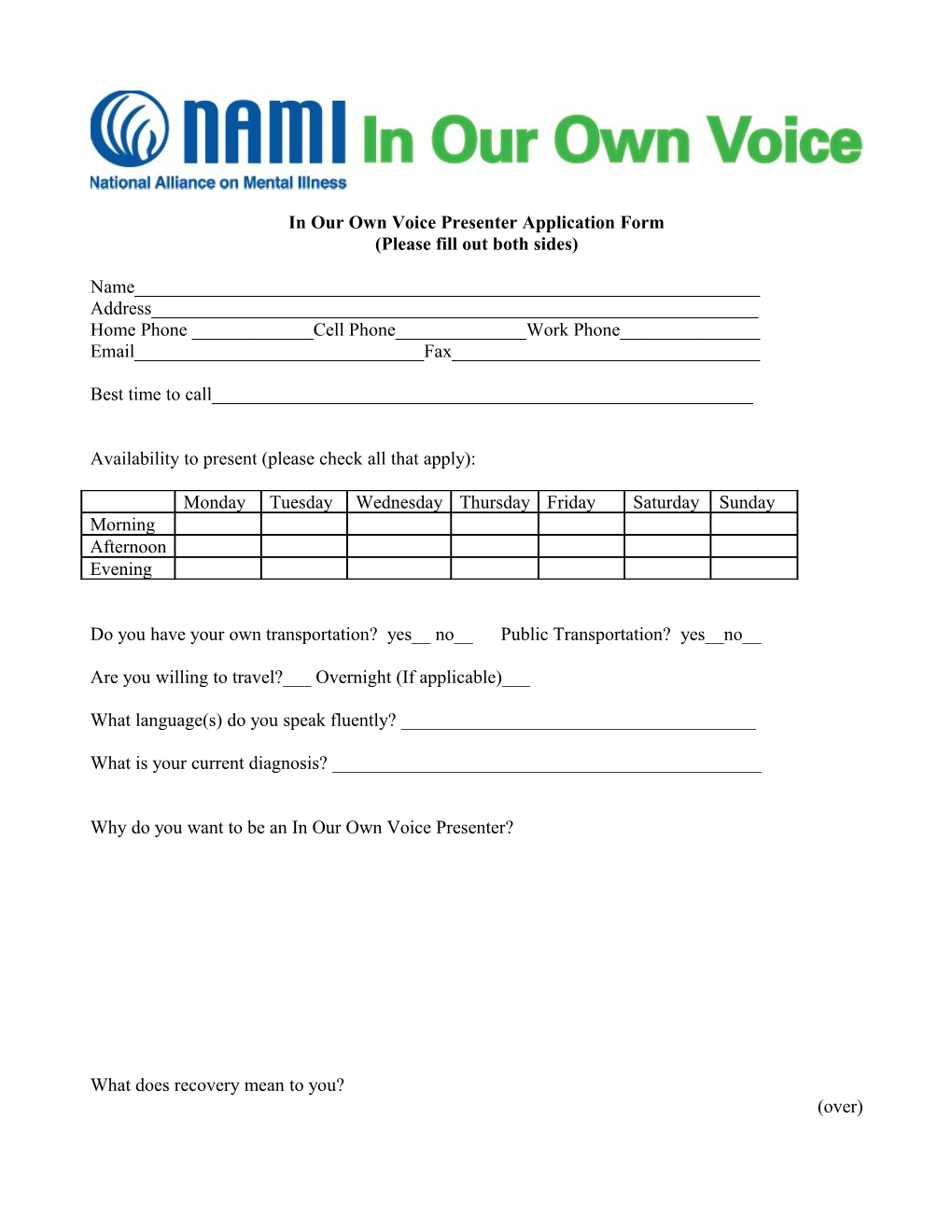 In Our Own Voice Presenter Application Form