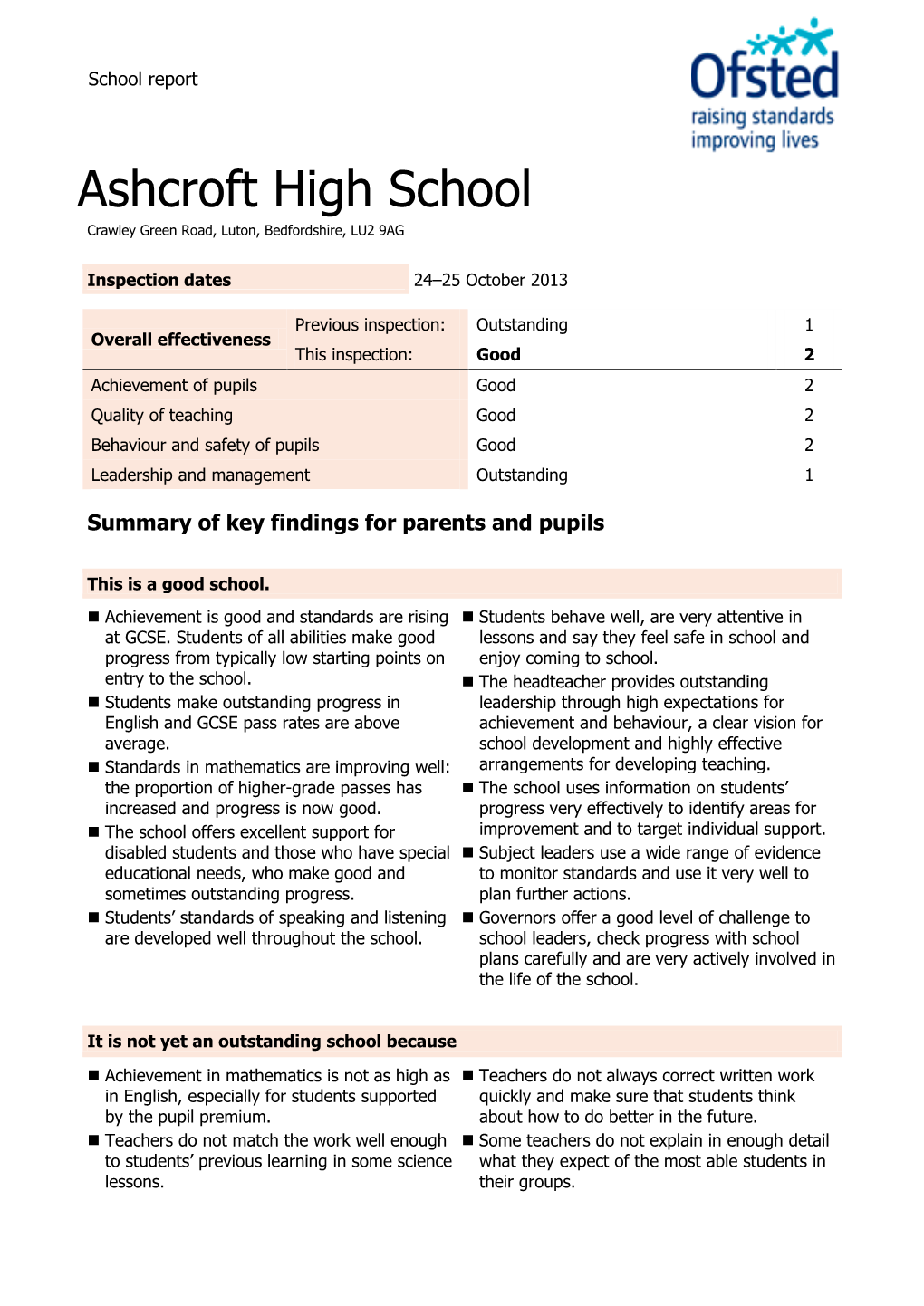 Ashcroft High School Crawley Green Road, Luton, Bedfordshire, LU2 9AG