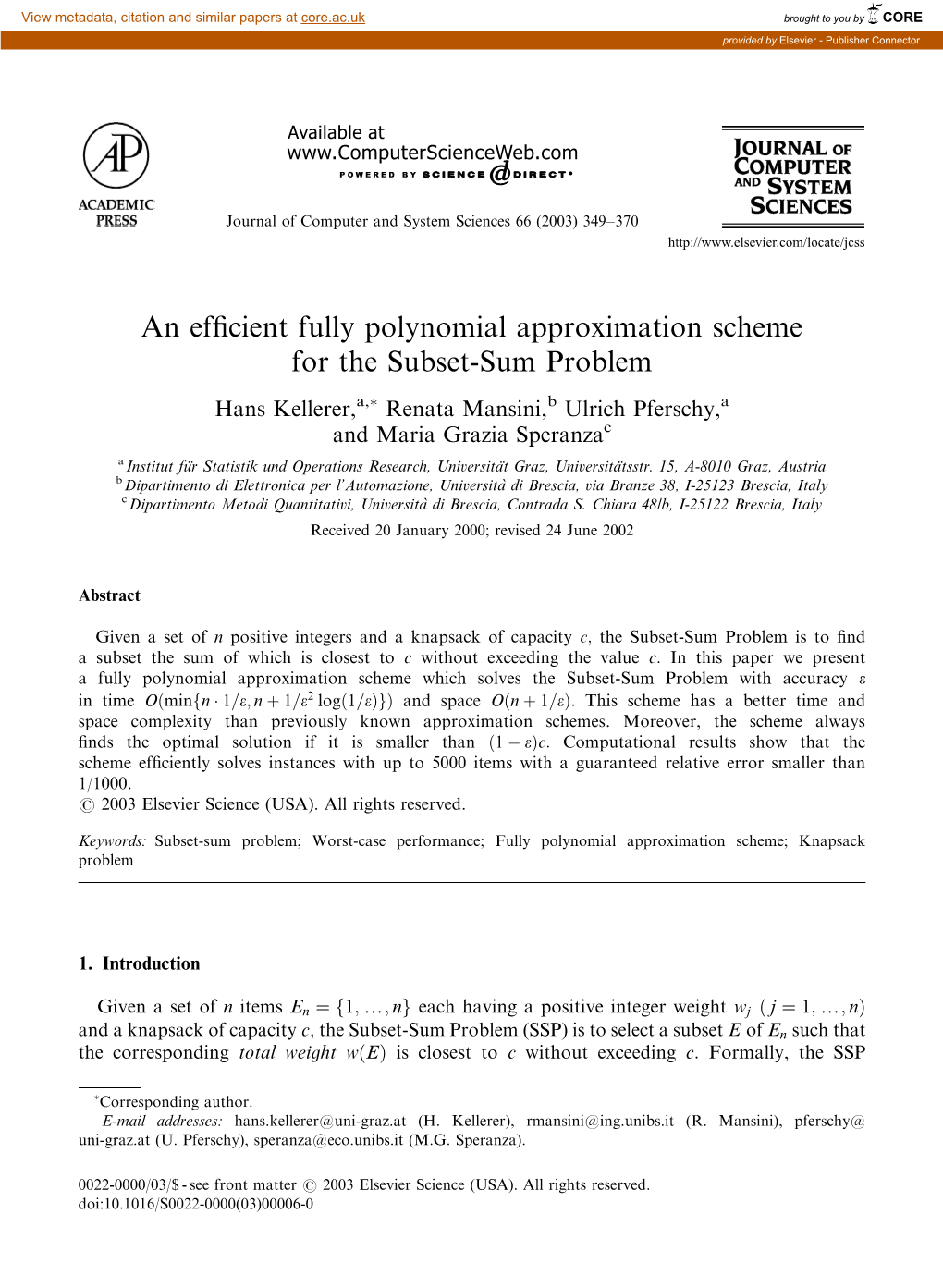 An Efficient Fully Polynomial Approximation Scheme for the Subset-Sum Problem