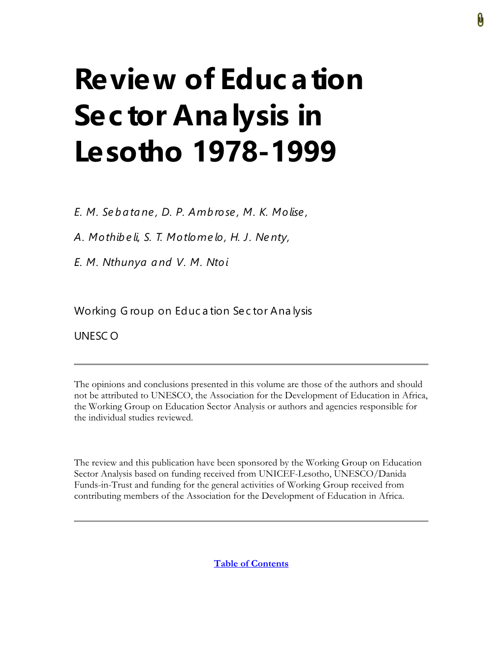 Review of Education Sector Analysis in Lesotho 1978-1999