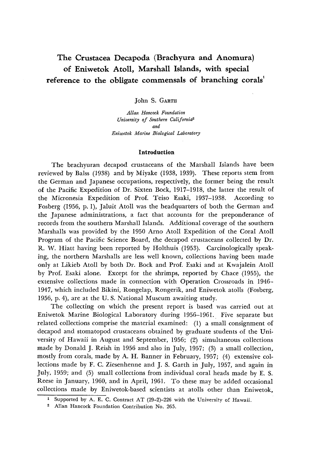 The Crustacea Decapoda (Brachyura and Anomura) of Eniwetok Atoll, Marshall Islands, with Special Reference to the Obligate Commensals of Branching Corals 1