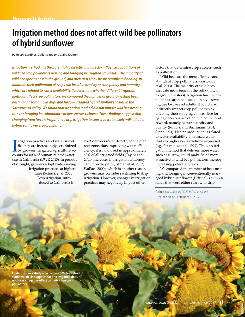 Irrigation Method Does Not Affect Wild Bee Pollinators of Hybrid Sunflower by Hillary Sardiñas, Collette Yee and Claire Kremen