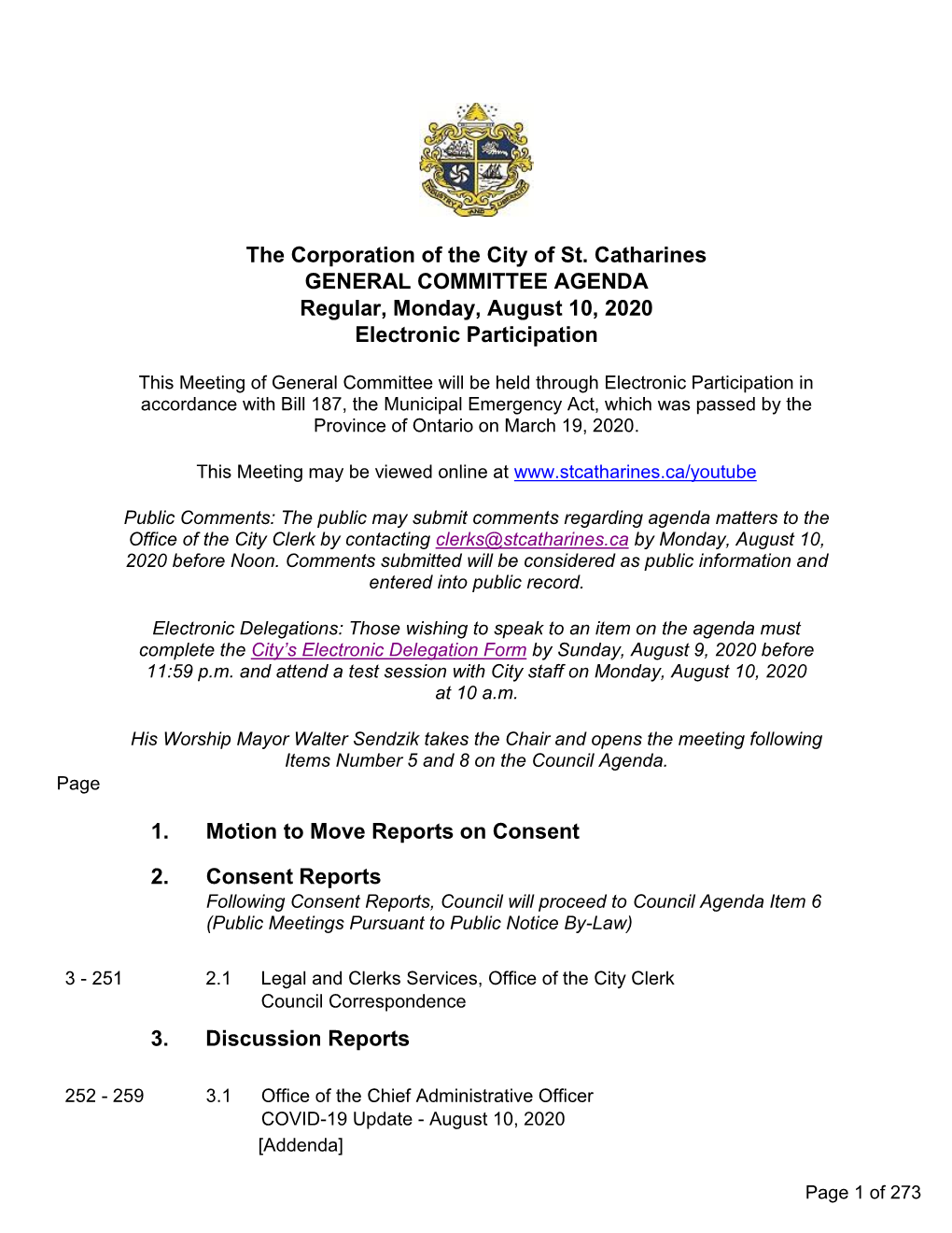 GENERAL COMMITTEE AGENDA Regular, Monday, August 10, 2020 Electronic Participation