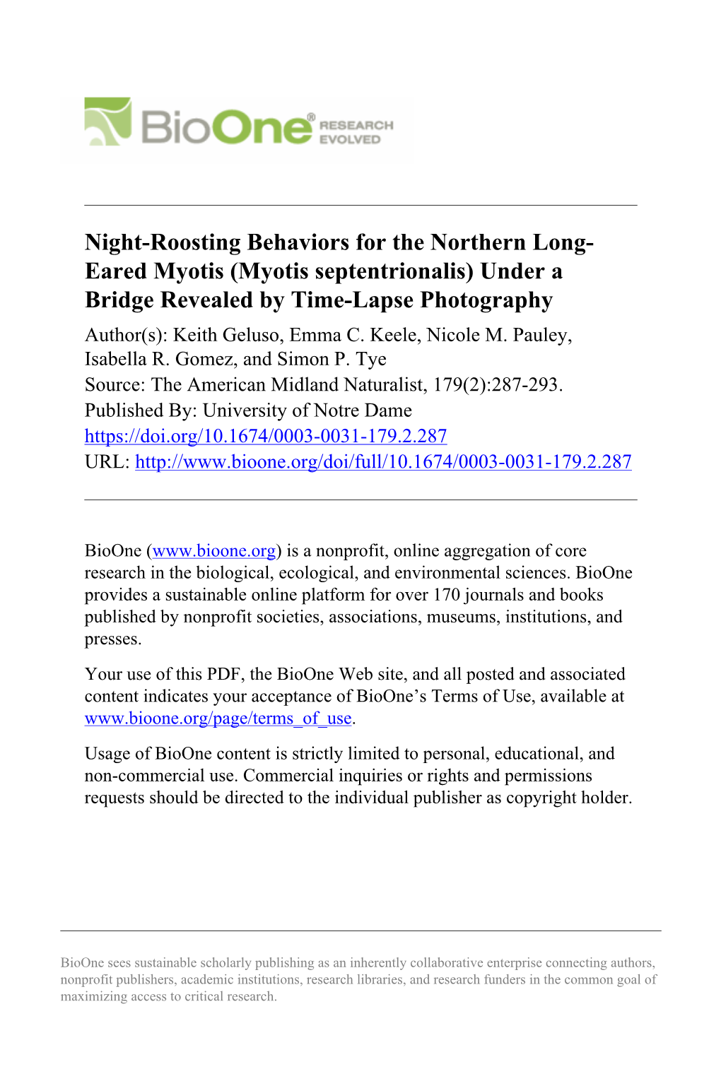 Night-Roosting Behaviors for the Northern Long- Eared