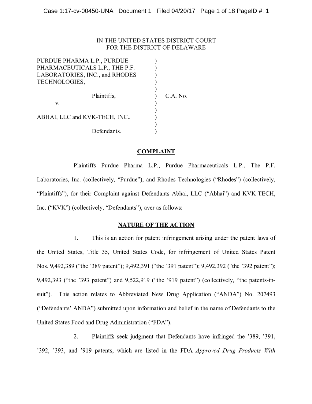 Case 1:17-Cv-00450-UNA Document 1 Filed 04/20/17 Page 1 of 18 Pageid #: 1