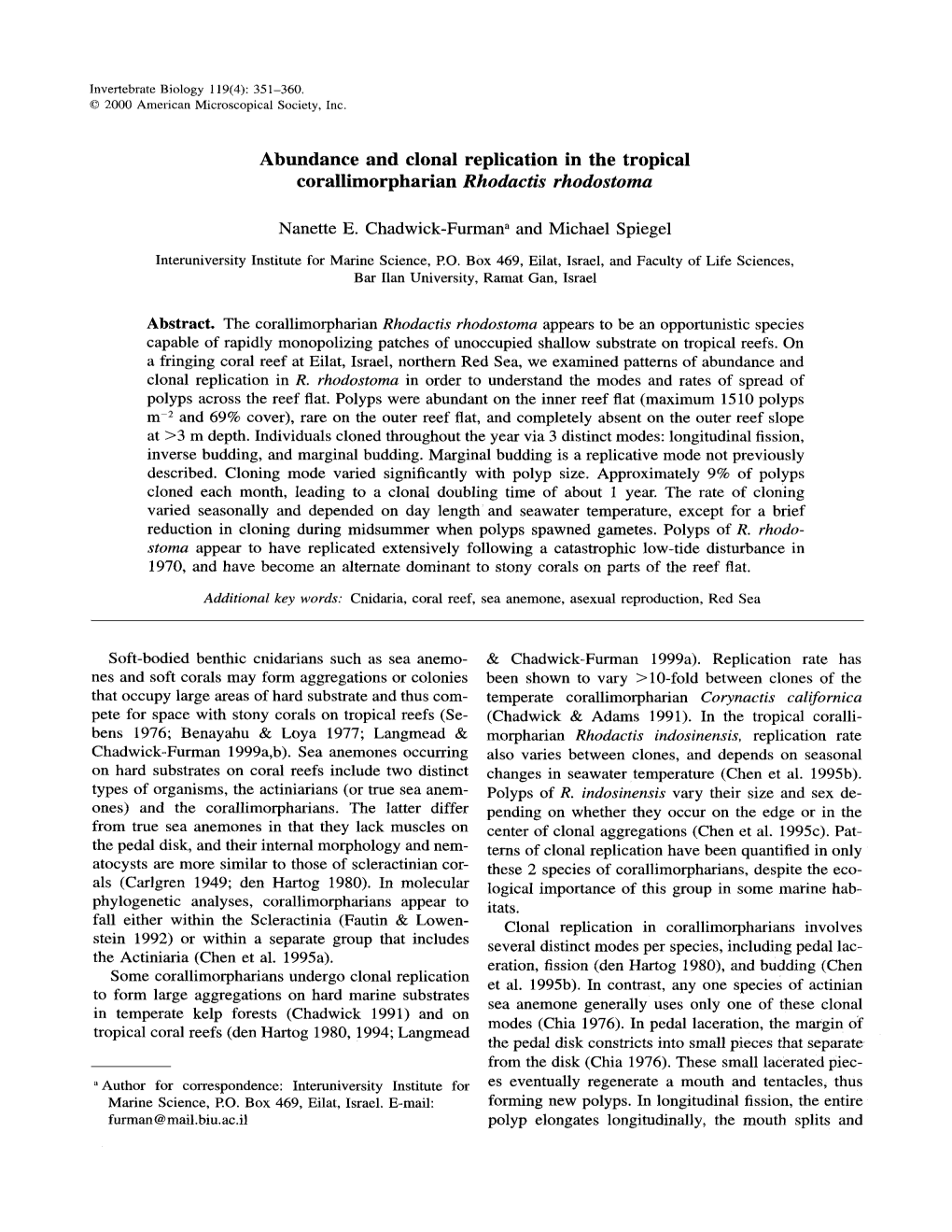 Abundance and Clonal Replication in the Tropical Corallimorpharian Rhodactis Rhodostoma