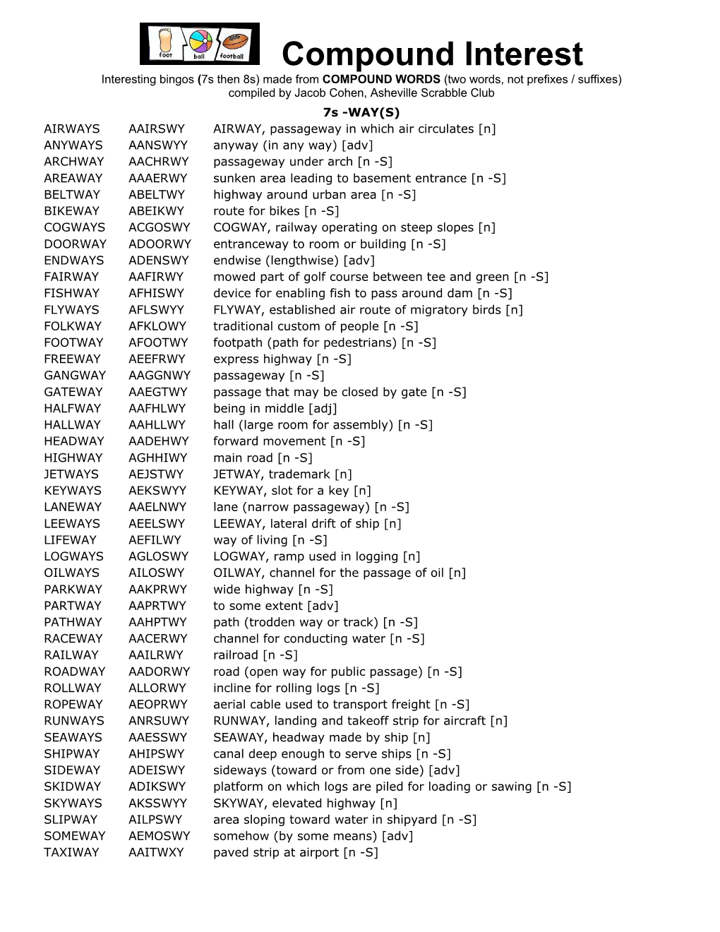 Compound Interest Interesting Bingos (7S Then 8S) Made from COMPOUND WORDS (Two Words, Not Prefixes / Suffixes) Compiled by Jacob Cohen, Asheville Scrabble Club