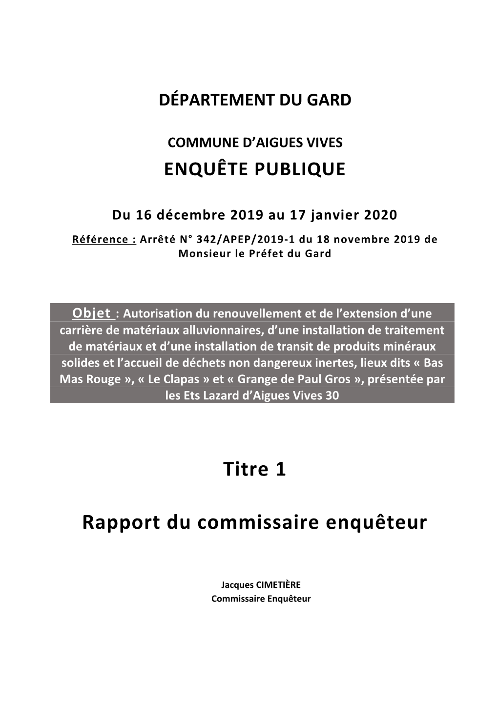 Titre 1 Rapport Du Commissaire Enquêteur