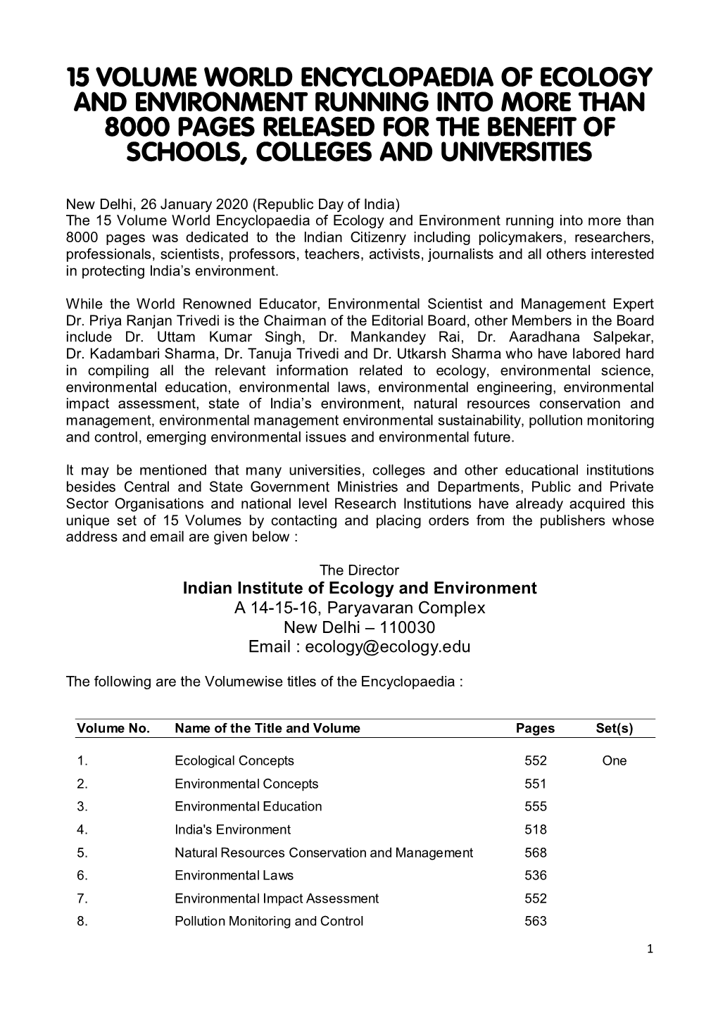 15 Volume World Encyclopaedia of Ecology and Environment Running Into More Than 8000 Pages Released for the Benefit of Schools, Colleges and Universities