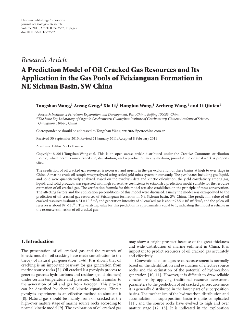 A Prediction Model of Oil Cracked Gas Resources and Its Application in the Gas Pools of Feixianguan Formation in NE Sichuan Basin, SW China