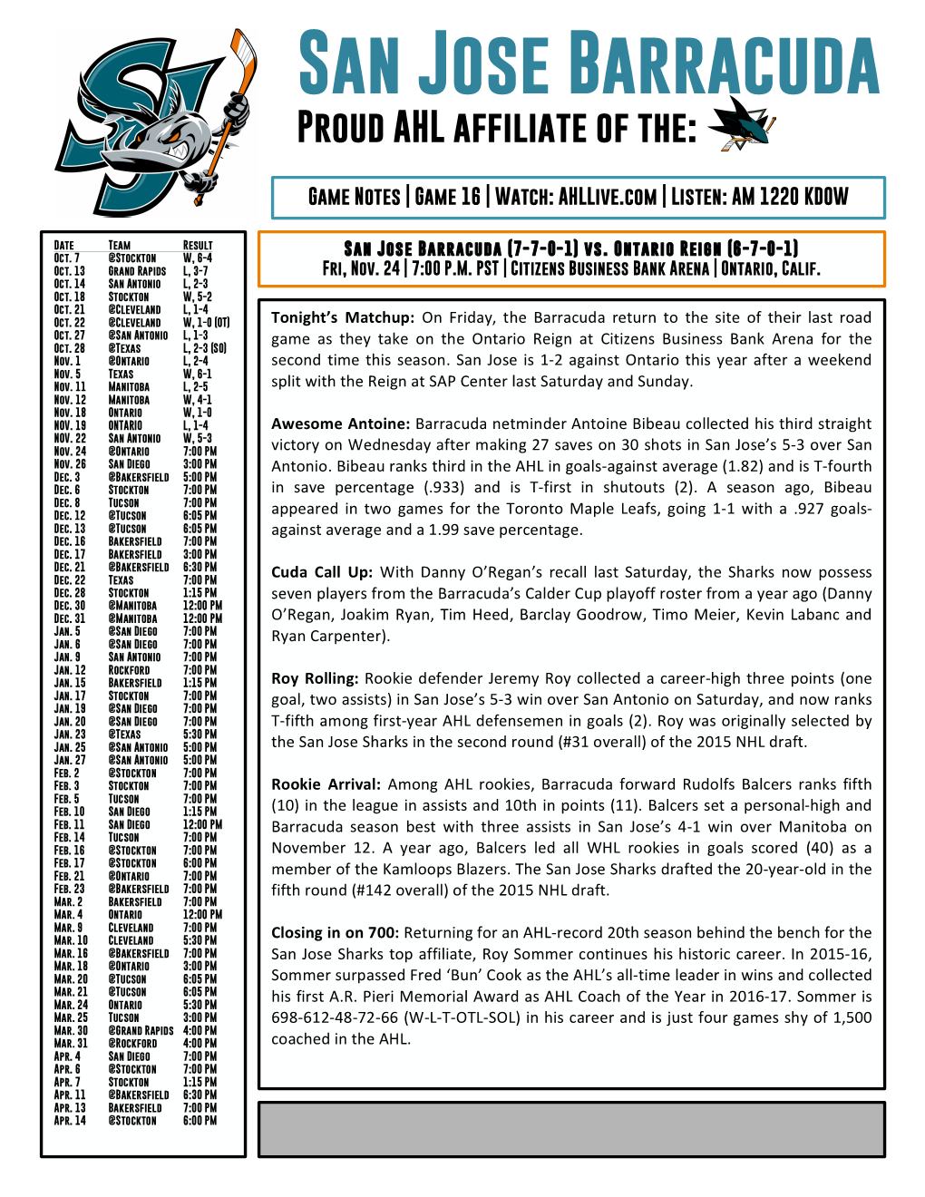 Game Notes | Game 16 | Watch: Ahllive.Com | Listen: AM 1220 KDOW