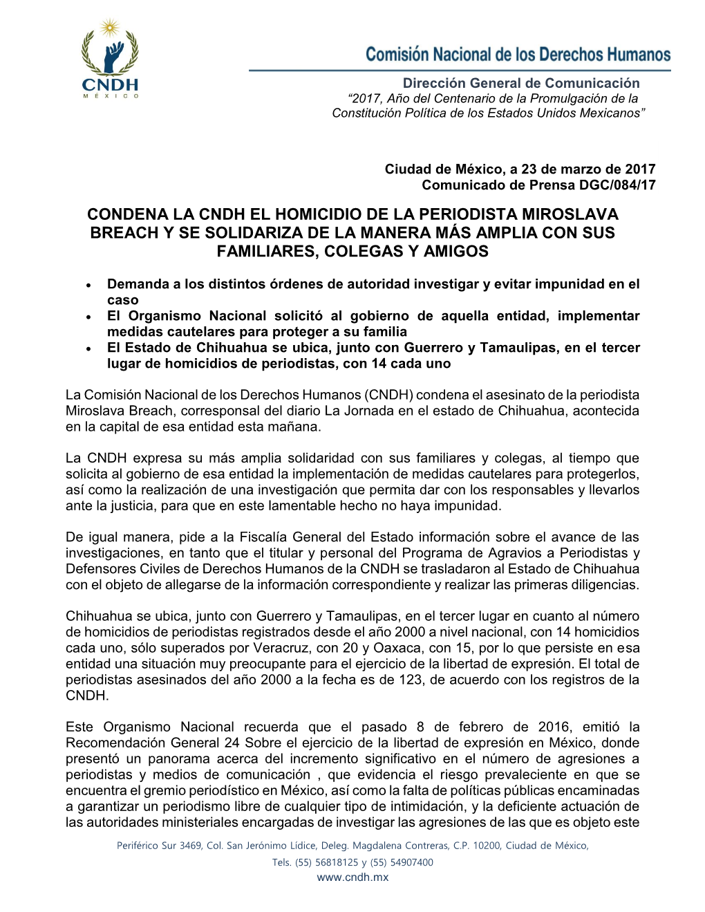 Condena La Cndh El Homicidio De La Periodista Miroslava Breach Y Se Solidariza De La Manera Más Amplia Con Sus Familiares, Colegas Y Amigos