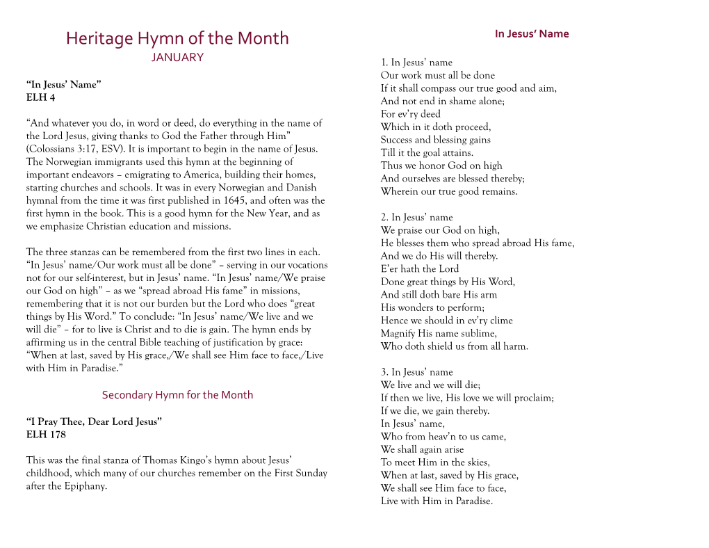 Heritage Hymn of the Month JANUARY 1