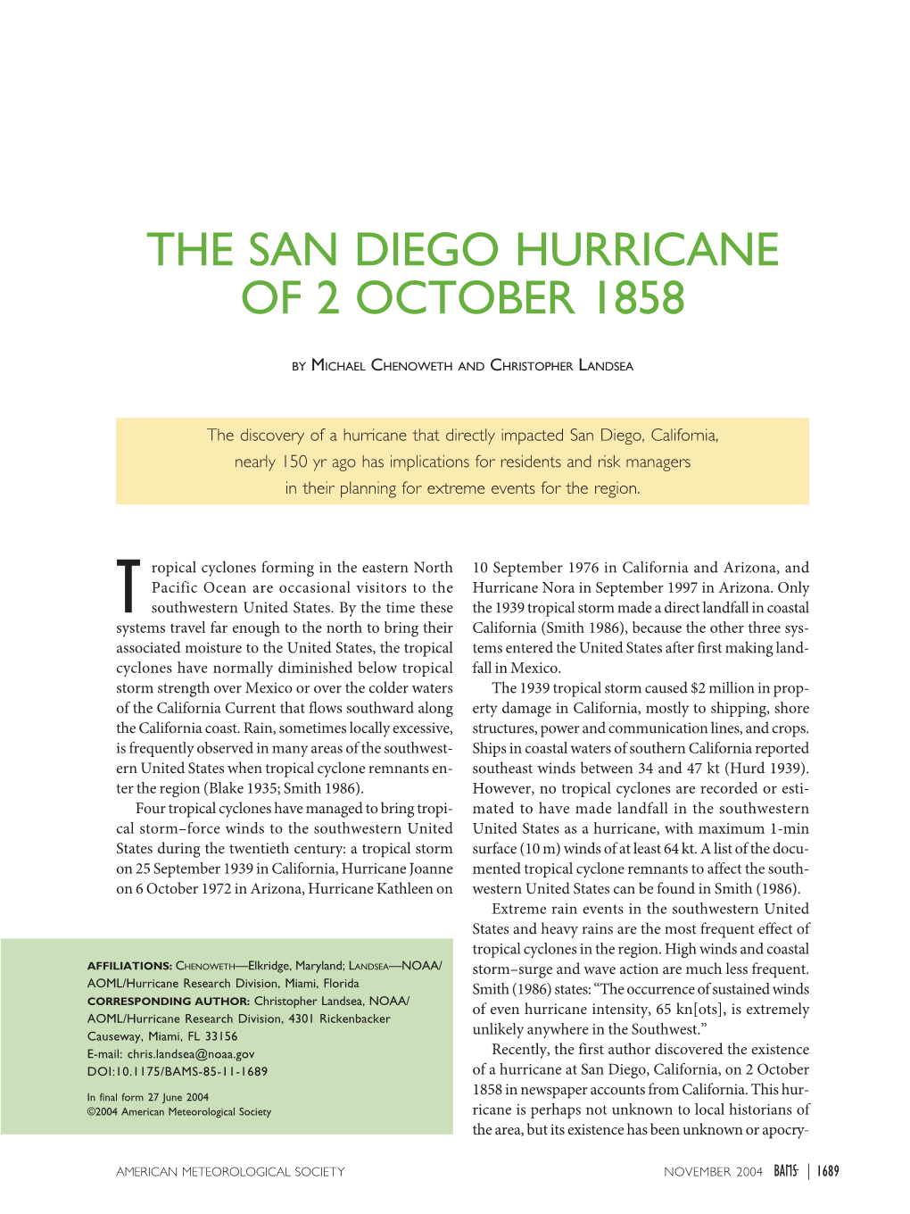 1858 San Diego Hurricane and Not Be Sur- Documented to Be Real