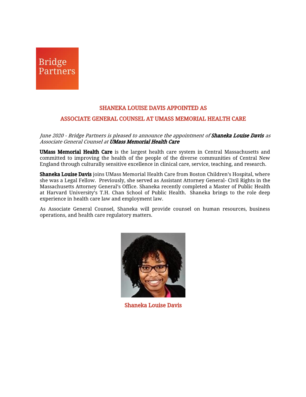 Shaneka Louise Davis Appointed As Associate General Counsel at Umass Memorial Health Care