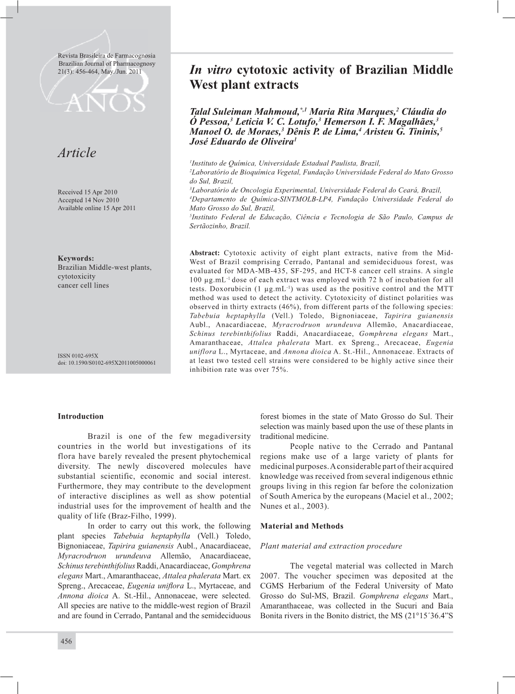 In Vitro Cytotoxic Activity of Brazilian Middle West Plant Extracts