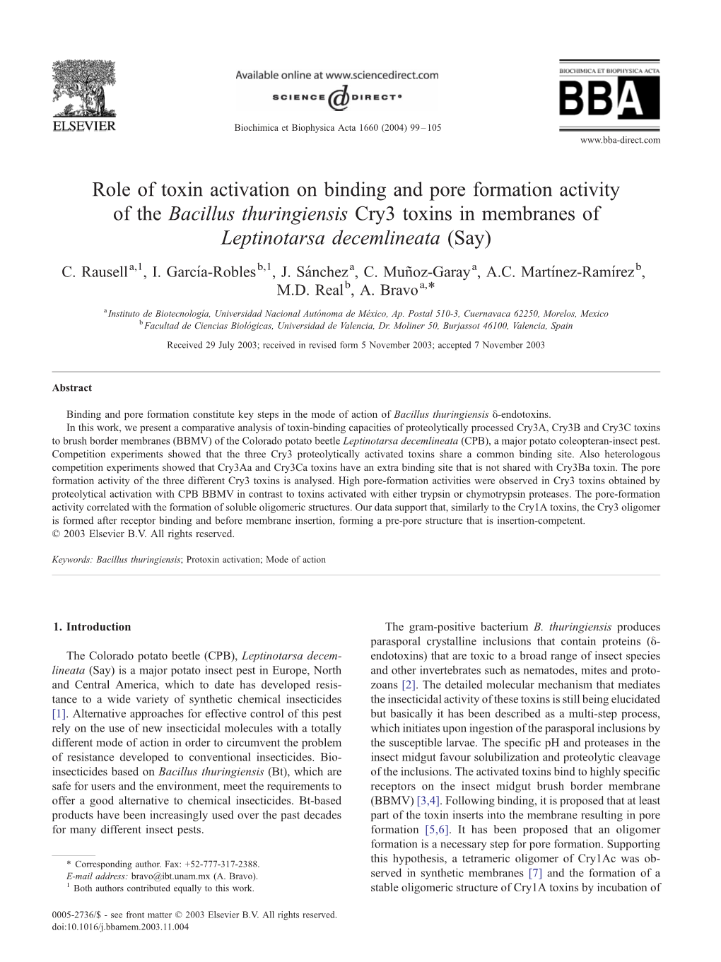 Role of Toxin Activation on Binding and Pore Formation Activity of the Bacillus Thuringiensis Cry3 Toxins in Membranes of Leptinotarsa Decemlineata (Say)