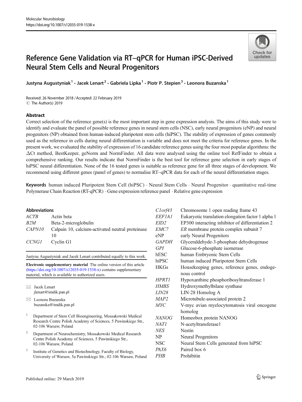 Reference Gene Validation Via RT–Qpcr for Human Ipsc-Derived Neural Stem Cells and Neural Progenitors