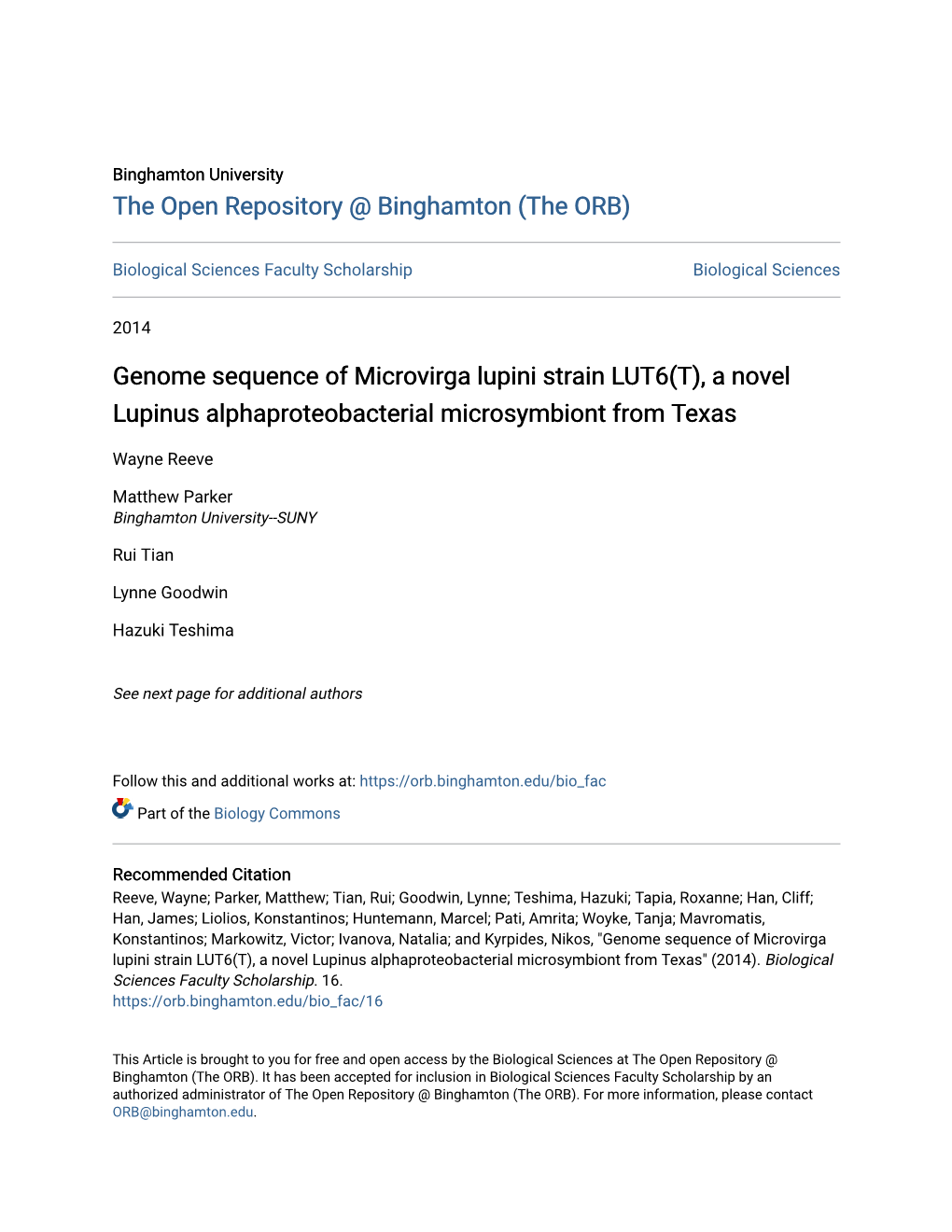 Genome Sequence of Microvirga Lupini Strain LUT6(T), a Novel Lupinus Alphaproteobacterial Microsymbiont from Texas