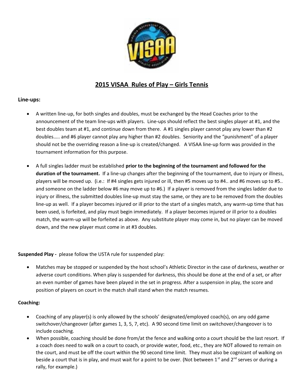 2015 VISAA Rules of Play Girls Tennis