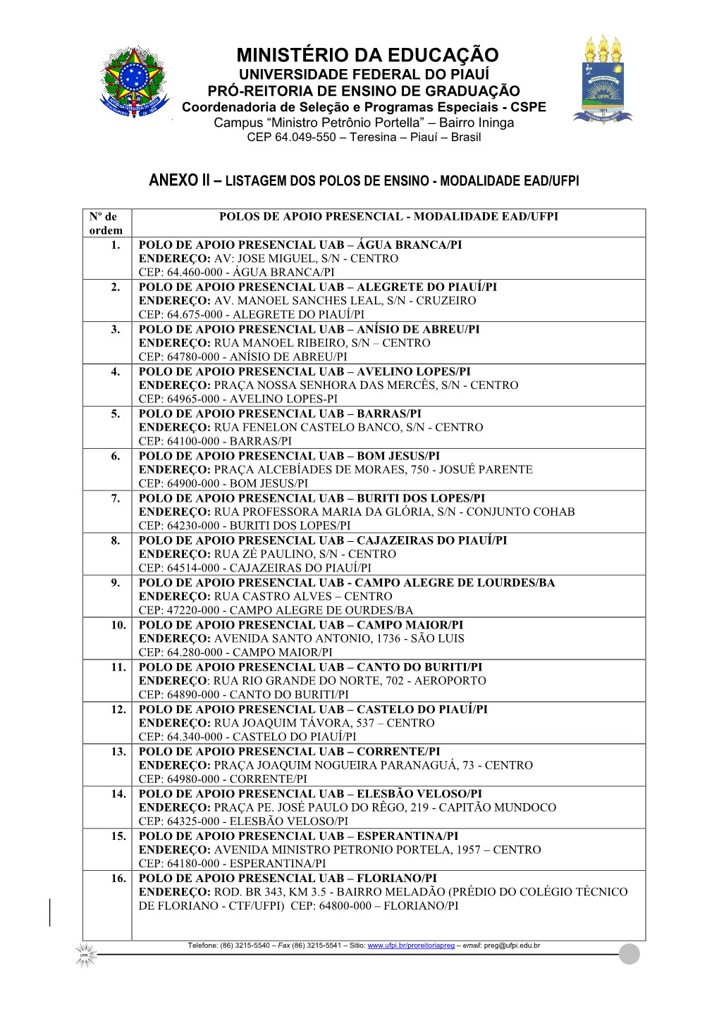 Anexo Ii – Listagem Dos Polos De Ensino - Modalidade Ead/Ufpi