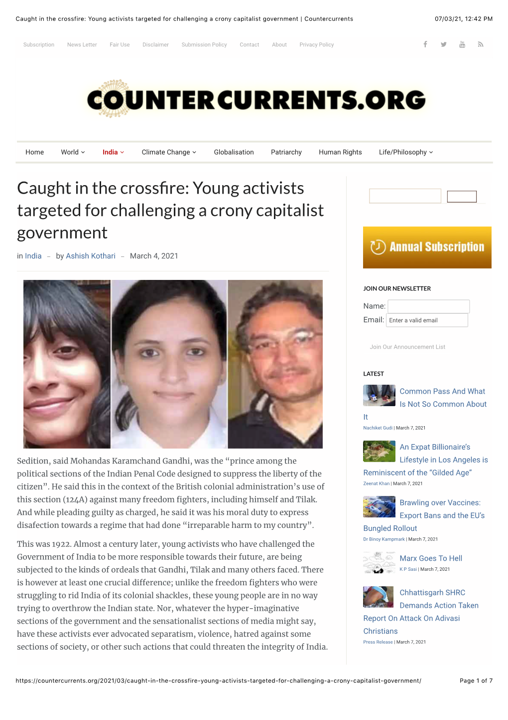 Caught in the Crossfire: Young Activists Targeted for Challenging a Crony Capitalist Government | Countercurrents 07/03/21, 12�42 PM