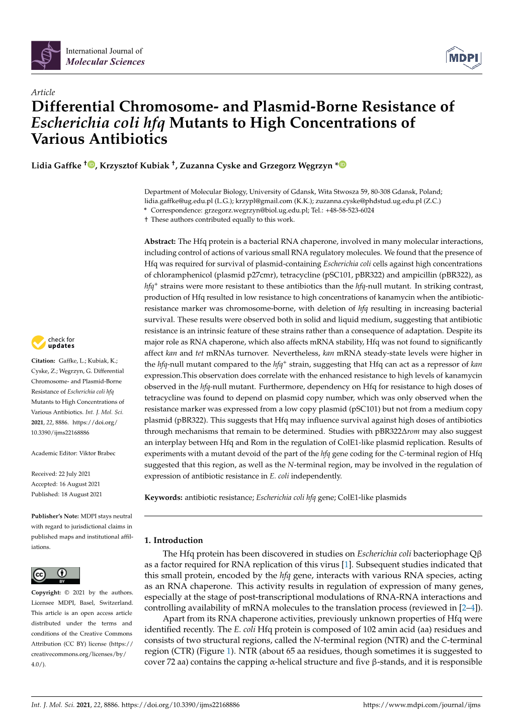 And Plasmid-Borne Resistance of Escherichia Coli Hfq Mutants to High Concentrations of Various Antibiotics