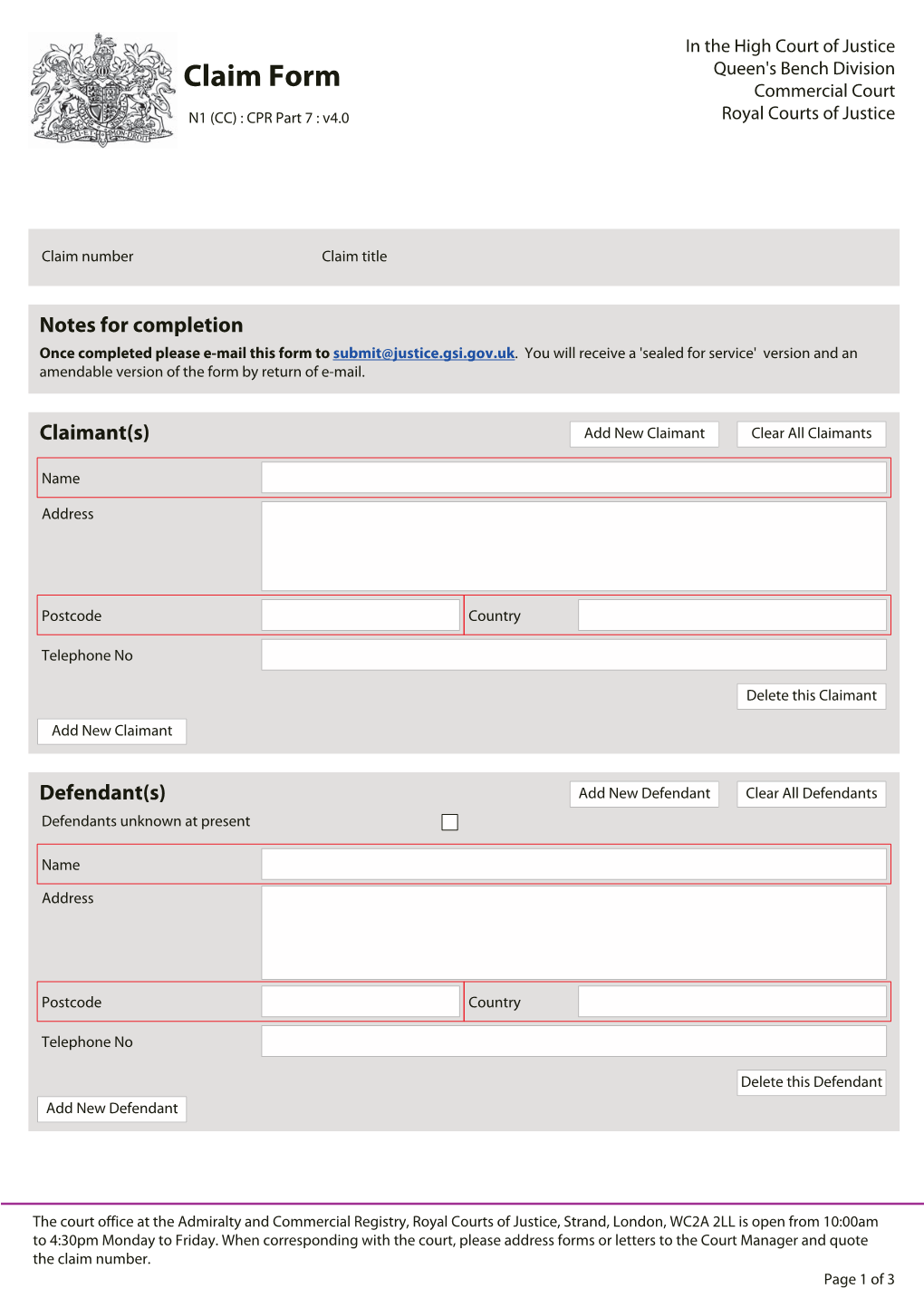 Claim Form Commercial Court N1 (CC) : CPR Part 7 : V4.0 Royal Courts of Justice