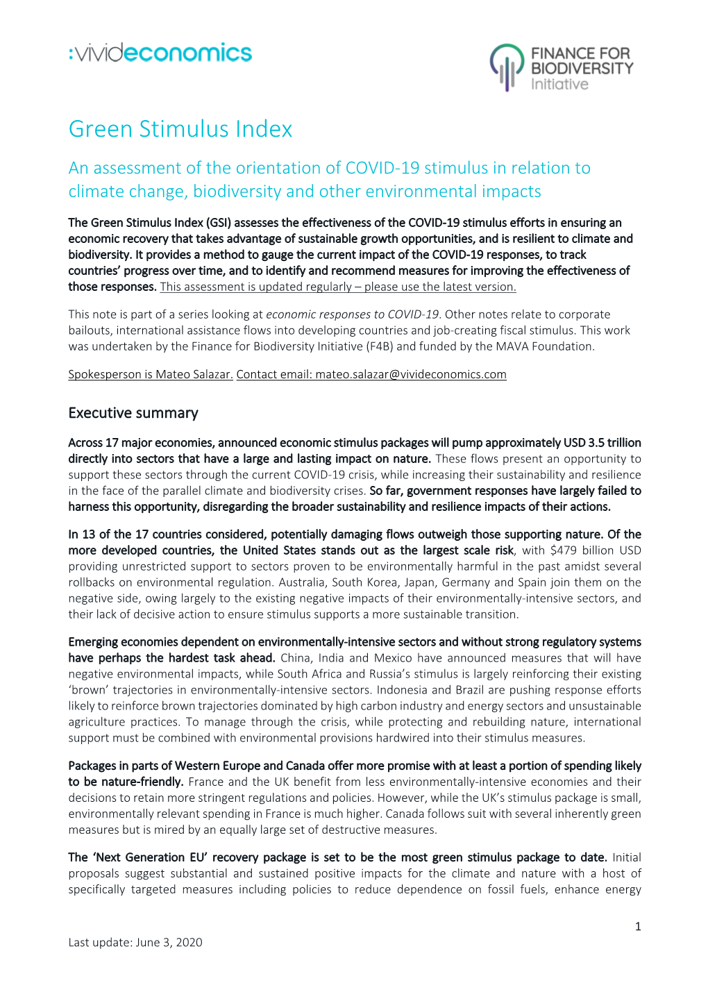 Green Stimulus Index an Assessment of the Orientation of COVID-19 Stimulus in Relation to Climate Change, Biodiversity and Other Environmental Impacts