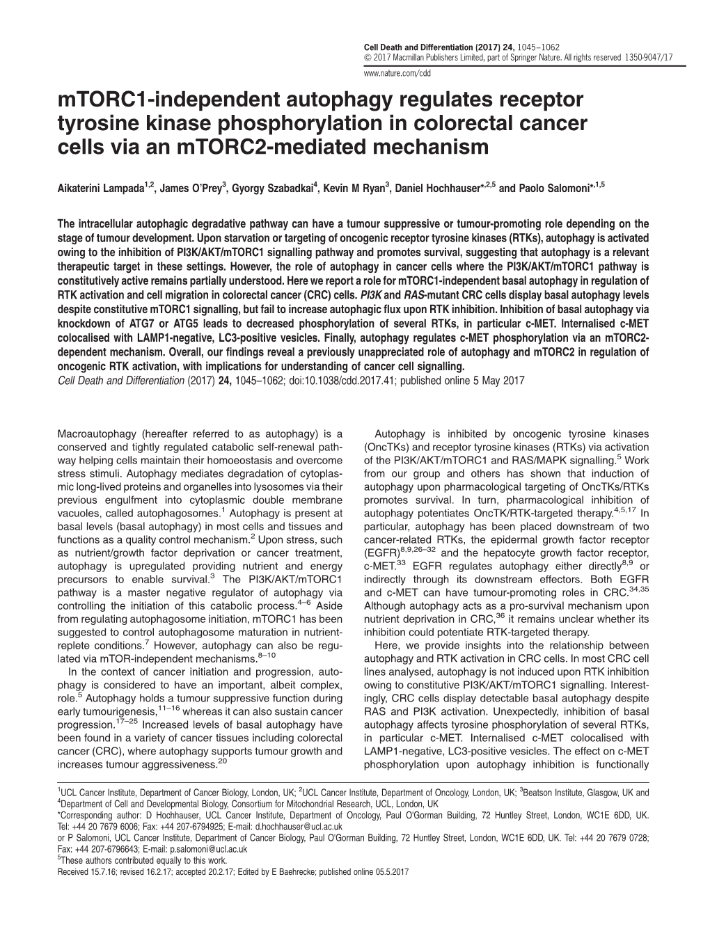 Mtorc1-Independent Autophagy Regulates Receptor Tyrosine Kinase Phosphorylation in Colorectal Cancer Cells Via an Mtorc2-Mediated Mechanism