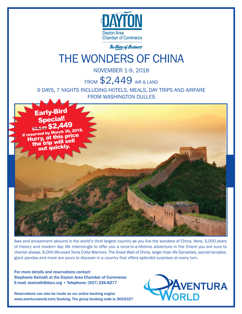 The Wonders of China November 1-9, 2018 from $2,449 Air & Land 9 Days, 7 Nights Including Hotels, Meals, Day Trips and Airfare from Washington Dulles