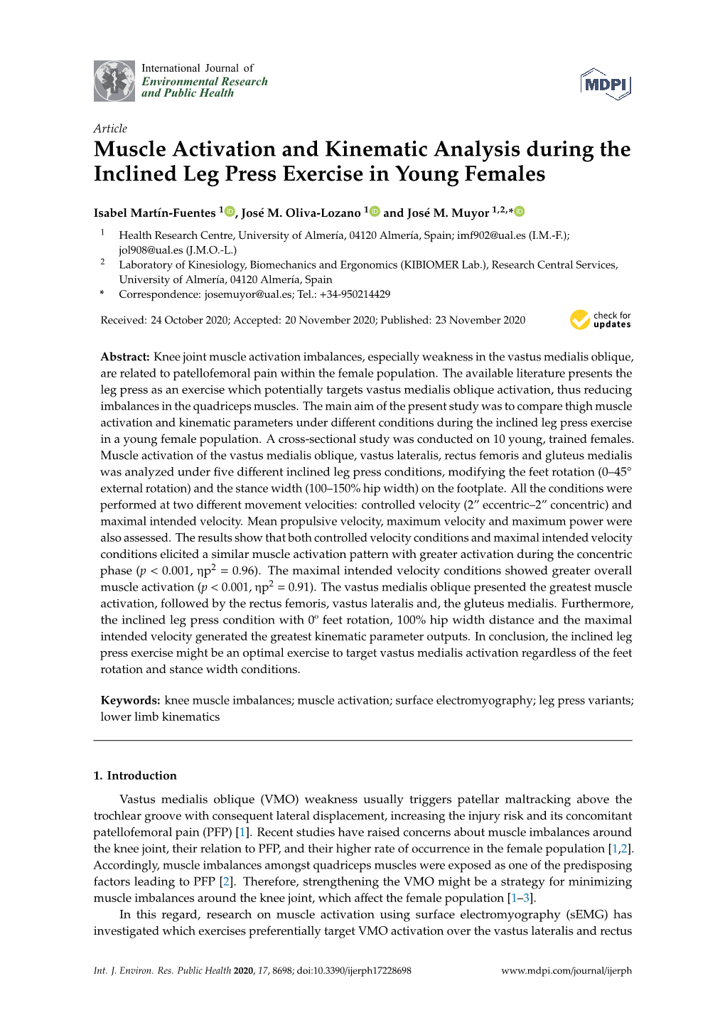 Muscle Activation and Kinematic Analysis During the Inclined Leg Press Exercise in Young Females