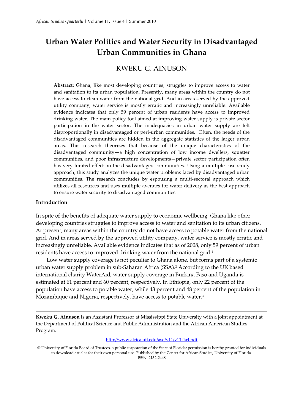 Urban Water Politics and Water Security in Disadvantaged Urban Communities in Ghana